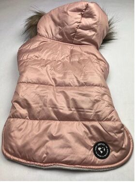 NWT Sz S Justice Rose Pink Hooded Puffer Coat Faux-Fur Trim for Dogs Reversible